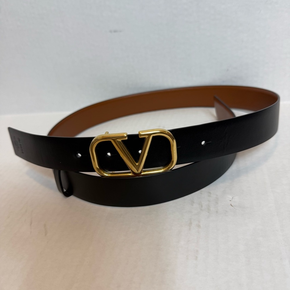 Valentino Garavani V Logo Black/Brown Leather Reversible Gold Brass V Logo 85/34